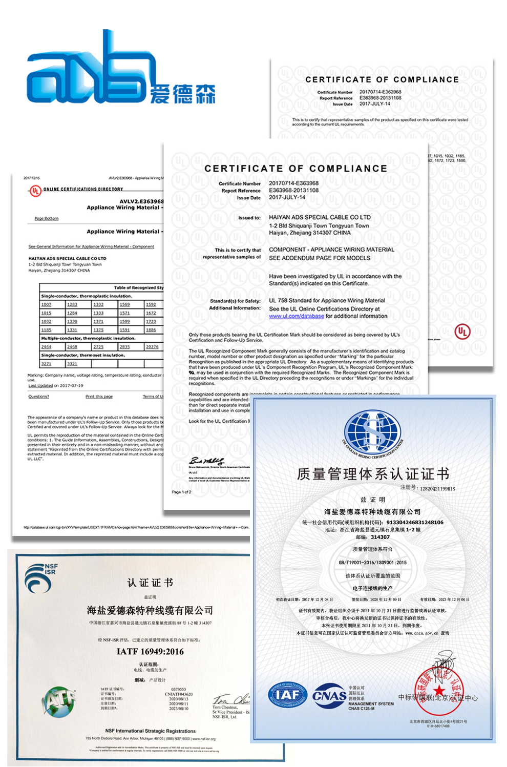 愛(ài)德森_美標(biāo)UL1007 PVC電子線證書